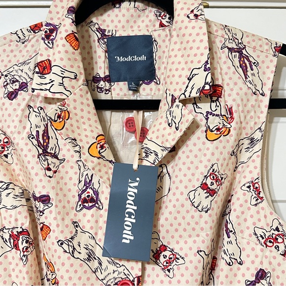 NWT Modcloth Cream Polka Dot Community Brunch Dogs Corgi Shirt Dress Size Large - Picture 4 of 6